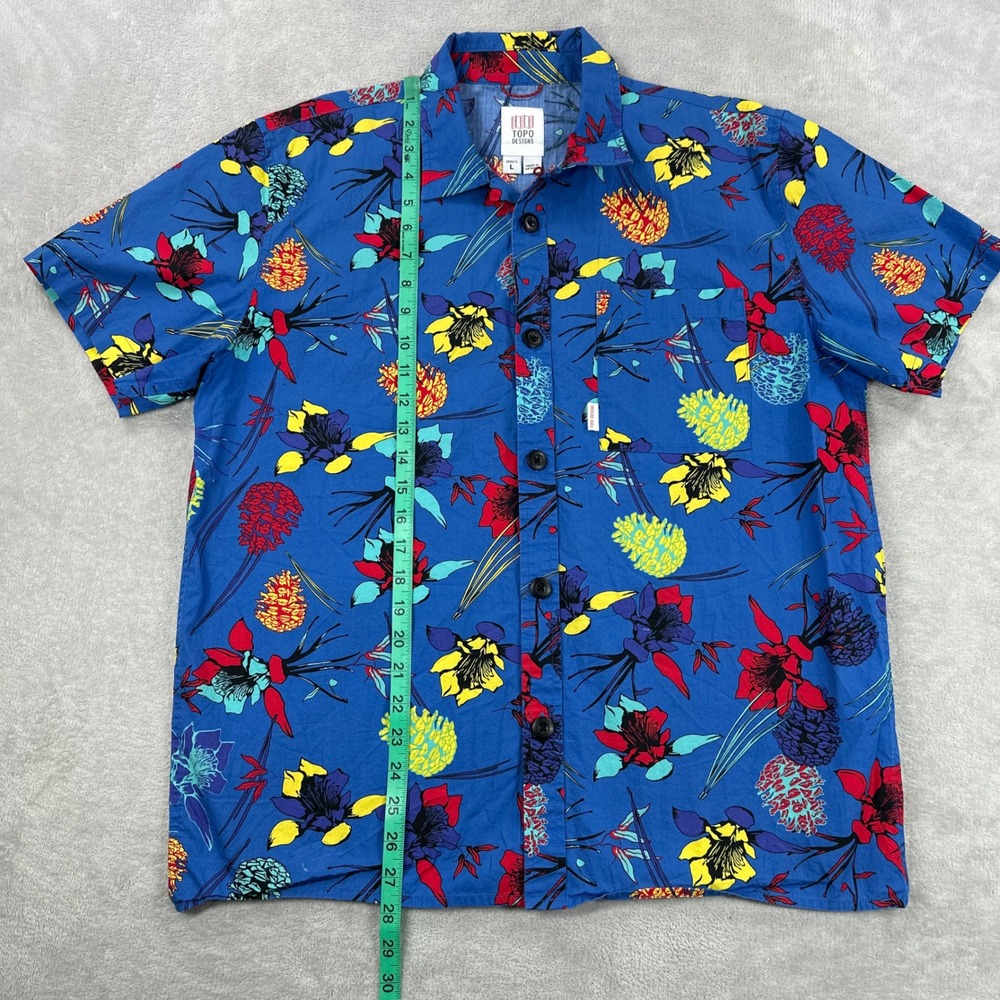Topo Designs Shirt Men Large Blue Floral Short Sleeve Loop Collar Outdoor Casual - Picture 8 of 10
